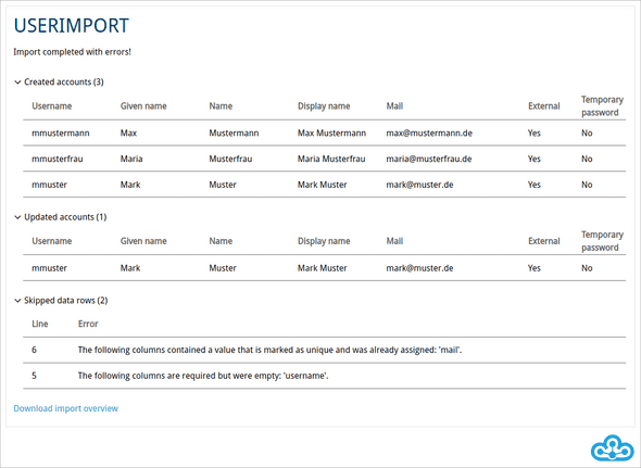 User import result page uncollapsed