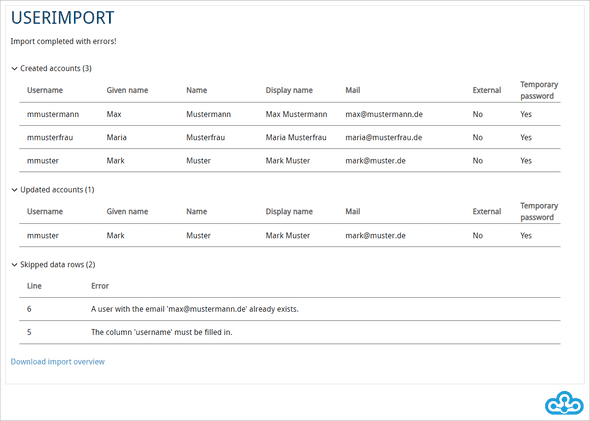 User import result page uncollapsed