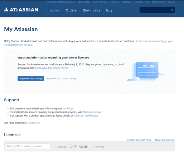 atlassian product license dashboard